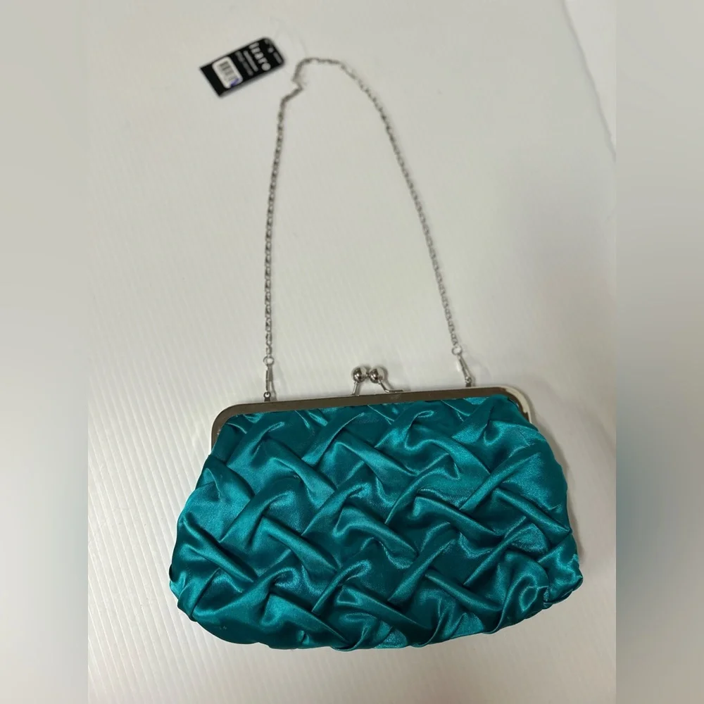 Jessica McClintock Teal Satin Purse Evening Bag Kiss Lock NWT - Picture 4 of 8
